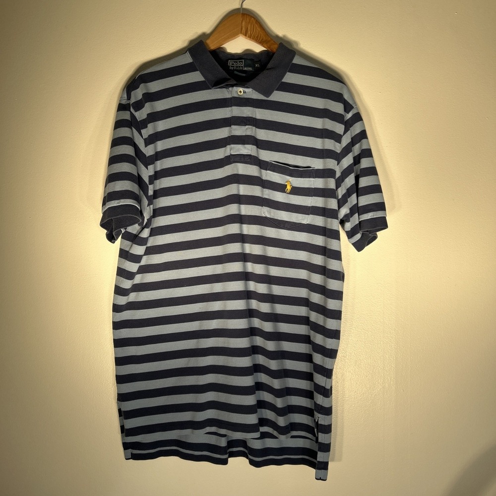 Polo Ralph Lauren Vintage Mens Polo Shirt Size XLarge Blue Stripes Short Sleeve
